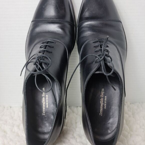 Ermenegildo Zegna Mens Oxford Derby Shoes Size 9.5 Black Torino Leather Cap Toe